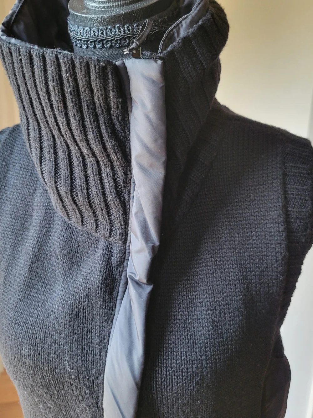 Eileen Fisher Merino Wool Asymmetrical Zip Funnel Neck Vest Black S